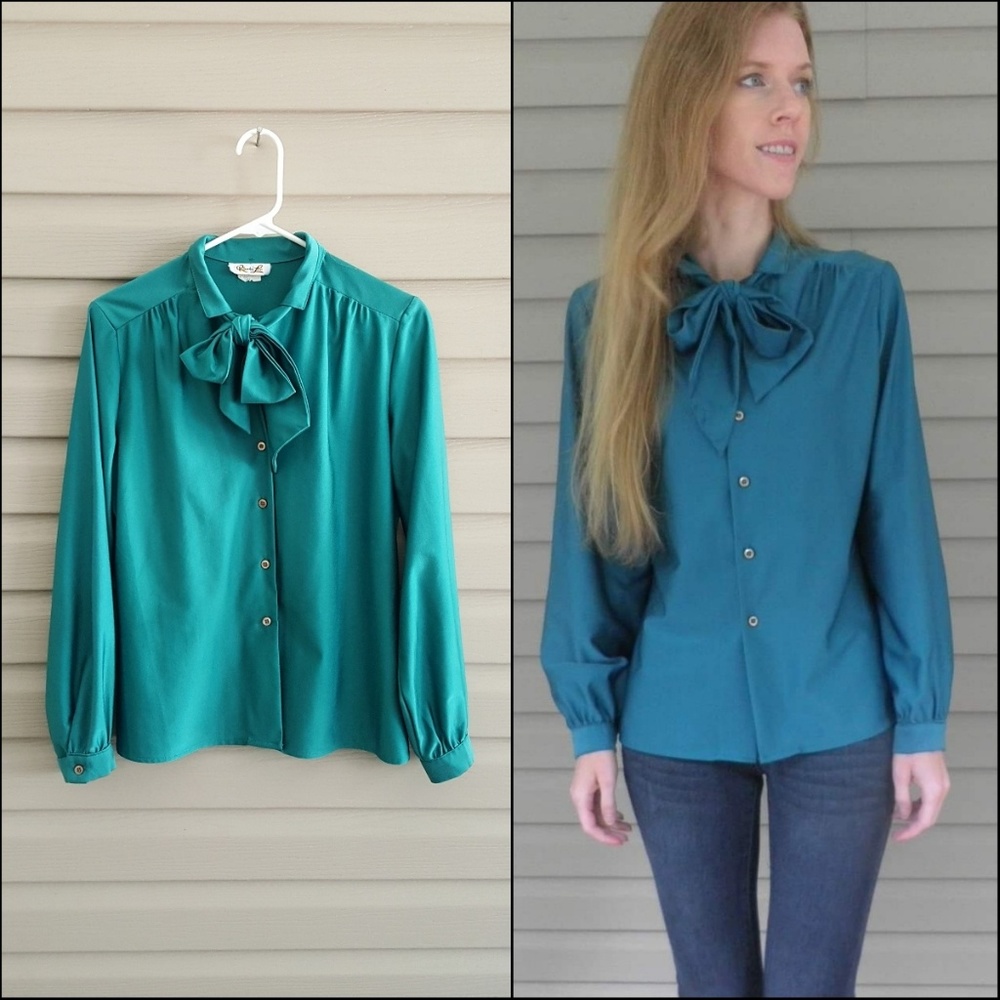 Vintage 80's M/L Emerald Green Long Sleeve Blouse